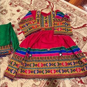 Salwar Kameez Red and Green Women Afghani Clothes